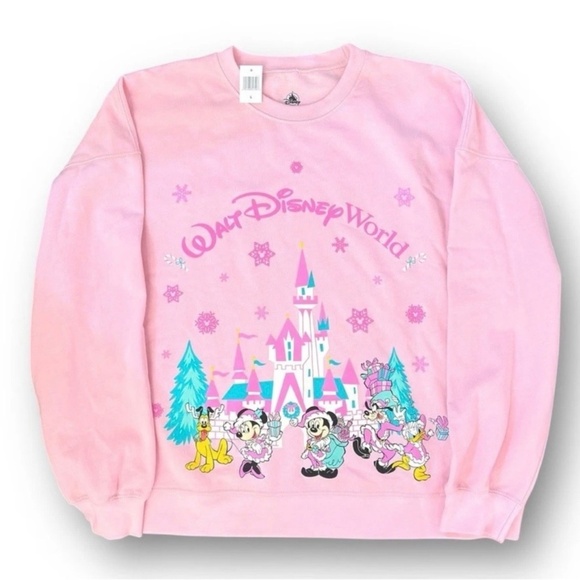 Disney Sweaters - Disney Parks 2025 WDW Pink Holiday Castle Mickey Minnie Pluto Donald Size XL NEW